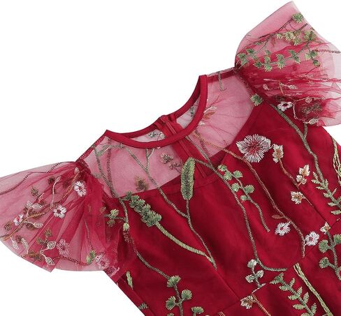 IMEKIS فستان بناتي مزين بالزهور بأكمام قصيرة شبكي مطرز بالزهور، فستان كوكتيل سوينغ برقبة دائرية شفافة in Saudi Arabia