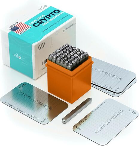 vilo 4 ألواح من الفولاذ المقاوم للصدأ + مجموعة لكمة، 24 عبارة تخزين بذور التشفير، النسخ الاحتياطي لبذور التخزين البارد للتشفير، متوافق مع جميع BIP39، Ledger Nano، Trezor، KeepKey، Coldcard. in Kuwait