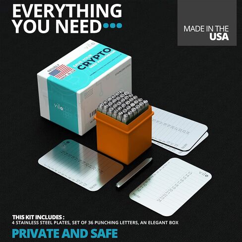 vilo 4 ألواح من الفولاذ المقاوم للصدأ + مجموعة لكمة، 24 عبارة تخزين بذور التشفير، النسخ الاحتياطي لبذور التخزين البارد للتشفير، متوافق مع جميع BIP39، Ledger Nano، Trezor، KeepKey، Coldcard. in Kuwait
