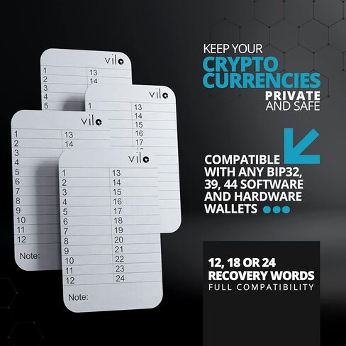 vilo 4 ألواح من الفولاذ المقاوم للصدأ + مجموعة لكمة، 24 عبارة تخزين بذور التشفير، النسخ الاحتياطي لبذور التخزين البارد للتشفير، متوافق مع جميع BIP39، Ledger Nano، Trezor، KeepKey، Coldcard. in Kuwait