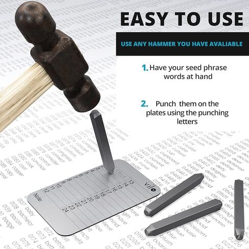 vilo 4 ألواح من الفولاذ المقاوم للصدأ + مجموعة لكمة، 24 عبارة تخزين بذور التشفير، النسخ الاحتياطي لبذور التخزين البارد للتشفير، متوافق مع جميع BIP39، Ledger Nano، Trezor، KeepKey، Coldcard. in Kuwait