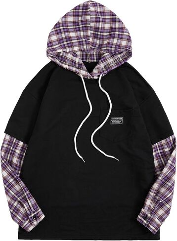 SweatyRocks Women's Casual Plaid Long Sleeve Hooded Sweatshirt Drop Shoulder Drawstring Hoodie with Pocket in Kuwait