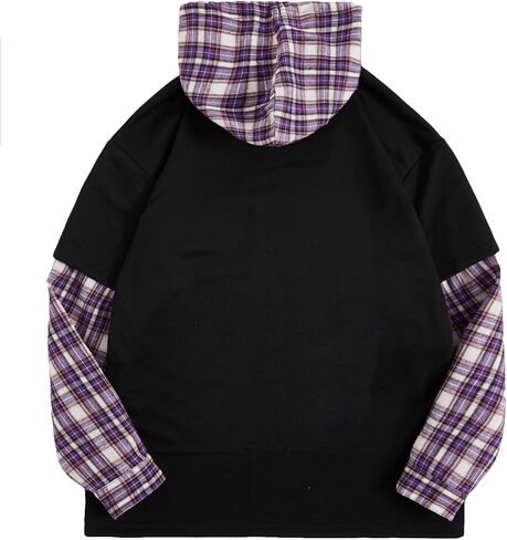 SweatyRocks Women's Casual Plaid Long Sleeve Hooded Sweatshirt Drop Shoulder Drawstring Hoodie with Pocket in Kuwait