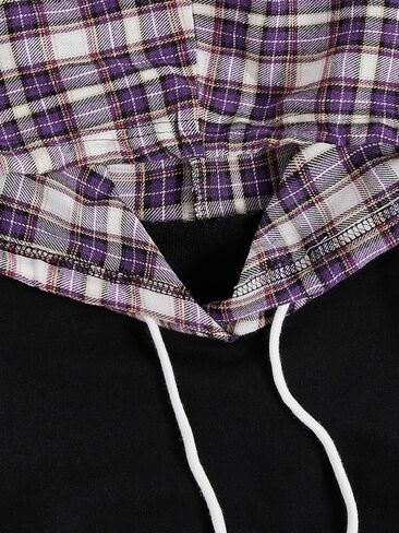 SweatyRocks Women's Casual Plaid Long Sleeve Hooded Sweatshirt Drop Shoulder Drawstring Hoodie with Pocket in Kuwait