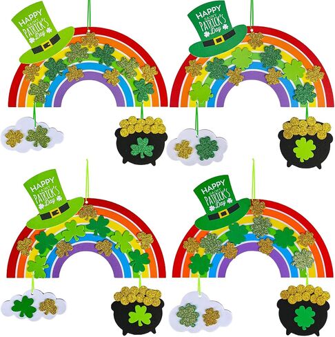 Winlyn 12 Sets St. Patrick's Day Decorations Rainbow Ornaments DIY St. Pat's Craft Kits Rainbow Four-Leaf Clover Irish Lucky Shamrock Foam Stickers for Kids Party Classroom Home Activity Art Project in Saudi Arabia