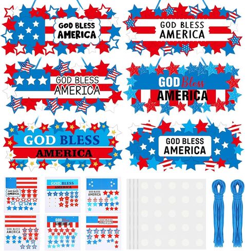 30 Sets Patriotic God Bless America Sign Craft Kit 4th of July DIY Red White Blue Star USA Flag Craft Religious Independence Day Hanging Ornaments for Memorial Day Classroom Activities in Saudi Arabia
