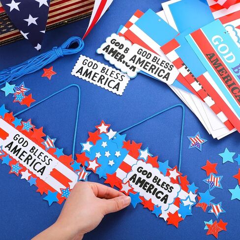 30 Sets Patriotic God Bless America Sign Craft Kit 4th of July DIY Red White Blue Star USA Flag Craft Religious Independence Day Hanging Ornaments for Memorial Day Classroom Activities in Saudi Arabia