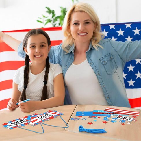 30 Sets Patriotic God Bless America Sign Craft Kit 4th of July DIY Red White Blue Star USA Flag Craft Religious Independence Day Hanging Ornaments for Memorial Day Classroom Activities in Saudi Arabia