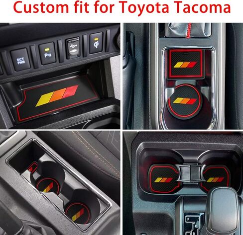 بطانة وحدة التحكم المركزية لملحقات Toyota Tacoma 2016 2017 2018 2019 2020 2021 2022 2023 إدراج حامل كأس الكابينة المزدوجة، وسادة جيب الباب، حصيرة داخلية ثلاثية الألوان (أصفر-برتقالي-أحمر، زخرفة حمراء) in Kuwait