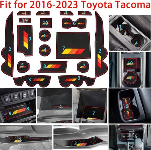 بطانة وحدة التحكم المركزية لملحقات Toyota Tacoma 2016 2017 2018 2019 2020 2021 2022 2023 إدراج حامل كأس الكابينة المزدوجة، وسادة جيب الباب، حصيرة داخلية ثلاثية الألوان (أصفر-برتقالي-أحمر، زخرفة حمراء) in Kuwait
