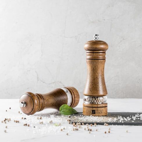Wooden Salt and Pepper Grinder Set, 6.5 inch Rubber Wood Salt and Pepper Mills Set of 2 with Acrylic Visible Window & Adjustable Ceramic Rotor in Kuwait