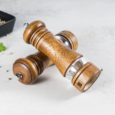 Wooden Salt and Pepper Grinder Set, 6.5 inch Rubber Wood Salt and Pepper Mills Set of 2 with Acrylic Visible Window & Adjustable Ceramic Rotor in Kuwait