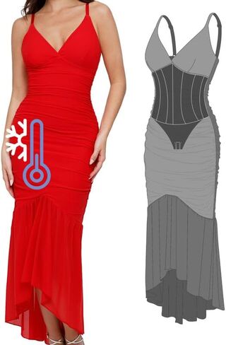 Popilush The Shapewear Dress Ruched Corset Dress BlueTag Cooling Summer Deep V Sheer Mesh Mermaid Maxi Dress for Women in Saudi Arabia