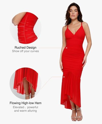 Popilush The Shapewear Dress Ruched Corset Dress BlueTag Cooling Summer Deep V Sheer Mesh Mermaid Maxi Dress for Women in Saudi Arabia