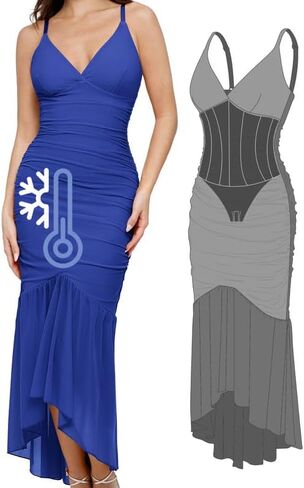 Popilush The Shapewear Dress Ruched Corset Dress BlueTag Cooling Summer Deep V Sheer Mesh Mermaid Maxi Dress for Women in Saudi Arabia