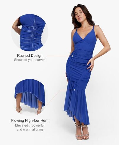 Popilush The Shapewear Dress Ruched Corset Dress BlueTag Cooling Summer Deep V Sheer Mesh Mermaid Maxi Dress for Women in Saudi Arabia