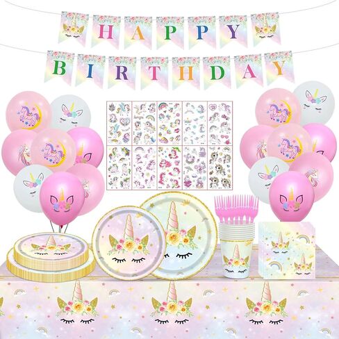 128PCS Unicorn Birthday Party Supplies Unicorn Birthday Decorations for Girls Unicorn Paper Plates and Napkins Tableware Balloons Temporary Tattoo Rainbow Unicorn Party Decorations Serve 20 in Kuwait