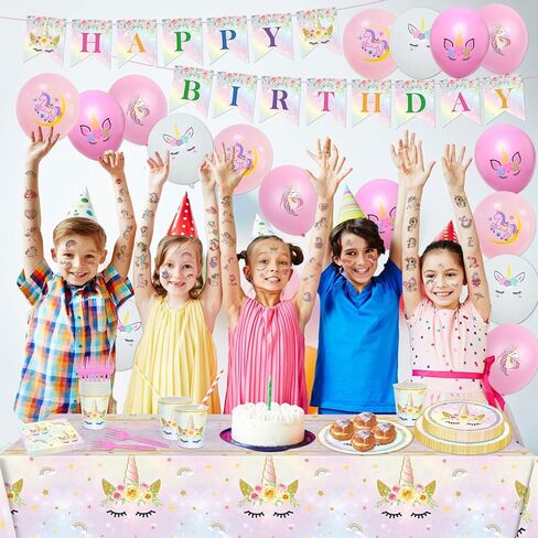 128PCS Unicorn Birthday Party Supplies Unicorn Birthday Decorations for Girls Unicorn Paper Plates and Napkins Tableware Balloons Temporary Tattoo Rainbow Unicorn Party Decorations Serve 20 in Kuwait