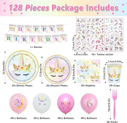 128PCS Unicorn Birthday Party Supplies Unicorn Birthday Decorations for Girls Unicorn Paper Plates and Napkins Tableware Balloons Temporary Tattoo Rainbow Unicorn Party Decorations Serve 20 in Kuwait