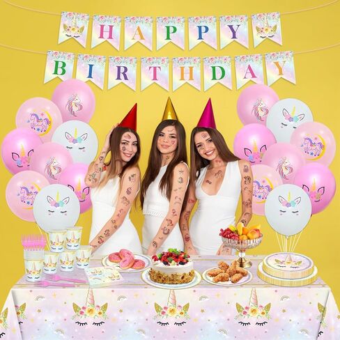 128PCS Unicorn Birthday Party Supplies Unicorn Birthday Decorations for Girls Unicorn Paper Plates and Napkins Tableware Balloons Temporary Tattoo Rainbow Unicorn Party Decorations Serve 20 in Kuwait