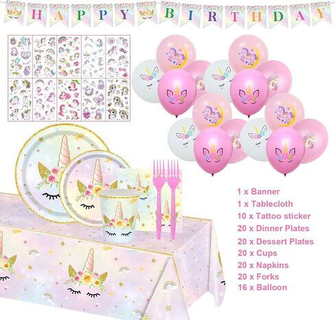 128PCS Unicorn Birthday Party Supplies Unicorn Birthday Decorations for Girls Unicorn Paper Plates and Napkins Tableware Balloons Temporary Tattoo Rainbow Unicorn Party Decorations Serve 20 in Kuwait