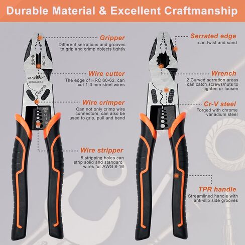 Linesman Pliers 8 inch, Professional Lineman Pliers Side Cutting Pliers with Wrench Wire Stripper Crimper Function, Linemans Combination Pliers Screw Remover Pliers, Cr-V Steel Forged in Saudi Arabia