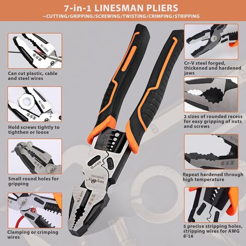 Linesman Pliers 8 inch, Professional Lineman Pliers Side Cutting Pliers with Wrench Wire Stripper Crimper Function, Linemans Combination Pliers Screw Remover Pliers, Cr-V Steel Forged in Saudi Arabia