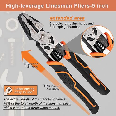 Linesman Pliers 8 inch, Professional Lineman Pliers Side Cutting Pliers with Wrench Wire Stripper Crimper Function, Linemans Combination Pliers Screw Remover Pliers, Cr-V Steel Forged in Saudi Arabia