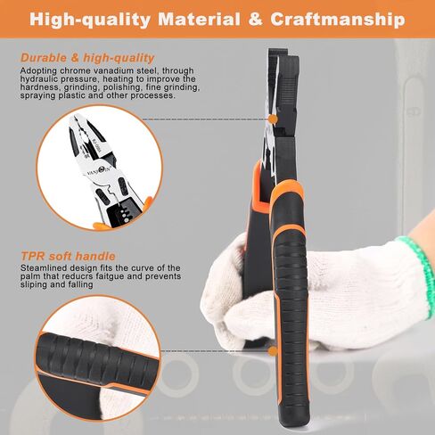 Linesman Pliers 8 inch, Professional Lineman Pliers Side Cutting Pliers with Wrench Wire Stripper Crimper Function, Linemans Combination Pliers Screw Remover Pliers, Cr-V Steel Forged in Saudi Arabia