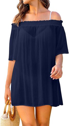 Daci Women's Sheer Cover Up Swimsuit Off the Shoulder Bathing Suits Cute Short Sleeve Beach Coverups Dress in Saudi Arabia