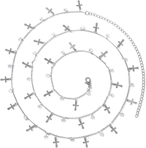 Longita Belly Chain Waist Chain for Women Silver Waist Jewelry for Women Waist Jewelry Silver Belly Chain Stomach Chain Jewelry Rhinestone Body Chain Cross Pearl Waist Chain Jewelry in Saudi Arabia