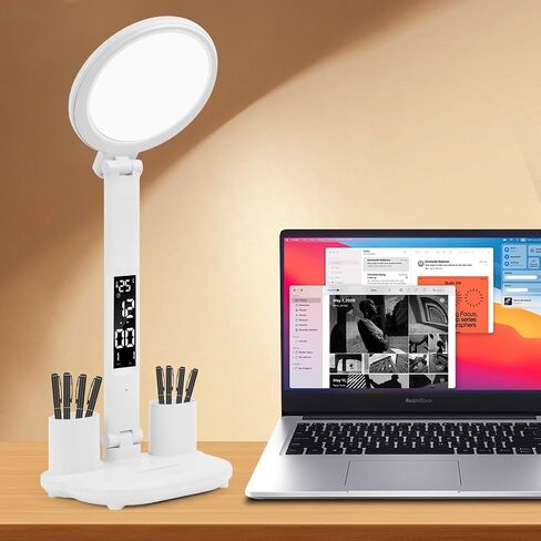 مصباح مكتب مع منفذ شحن USB، خافت للضوء، 3 أوضاع ألوان، ضوء مكتب مكتب مع ساعة، منبه، تاريخ، درجة الحرارة، تحكم باللمس، مصباح قابل للطي لدراسة القراءة في المنزل على الطاولة in Kuwait