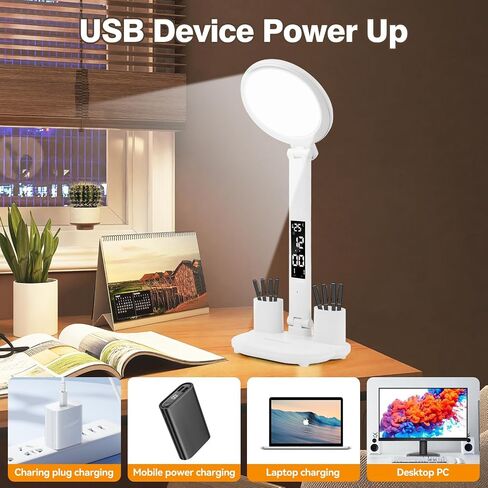 مصباح مكتب مع منفذ شحن USB، خافت للضوء، 3 أوضاع ألوان، ضوء مكتب مكتب مع ساعة، منبه، تاريخ، درجة الحرارة، تحكم باللمس، مصباح قابل للطي لدراسة القراءة في المنزل على الطاولة in Kuwait