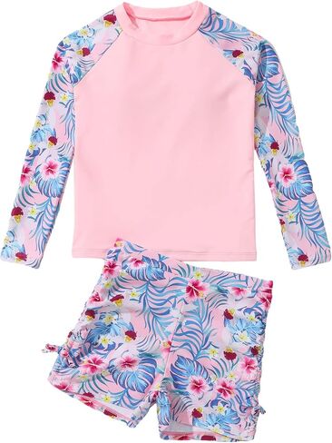 Milumia Girl's 2 Piece Long Sleeve Rashguard Swimsuit Tropical Print Swim Shorts Tankini Sets in Saudi Arabia