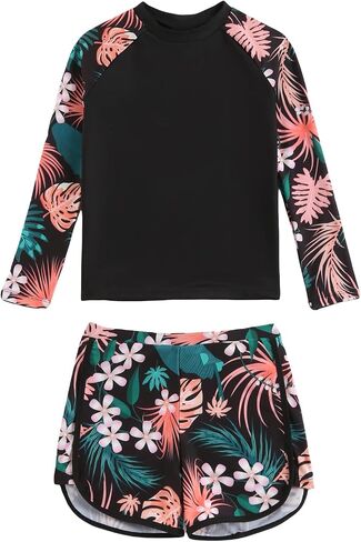 Milumia Girl's 2 Piece Long Sleeve Rashguard Swimsuit Tropical Print Swim Shorts Tankini Sets in Saudi Arabia