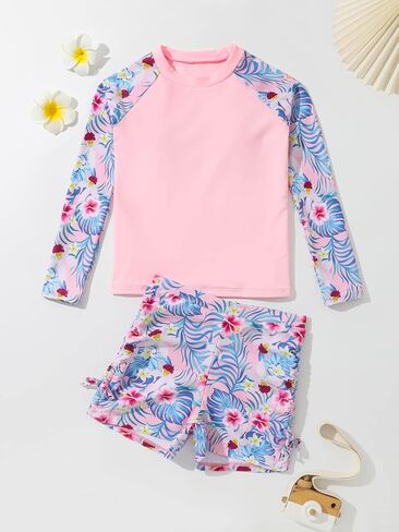 Milumia Girl's 2 Piece Long Sleeve Rashguard Swimsuit Tropical Print Swim Shorts Tankini Sets in Saudi Arabia