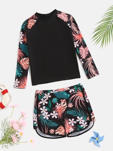 Milumia Girl's 2 Piece Long Sleeve Rashguard Swimsuit Tropical Print Swim Shorts Tankini Sets in Saudi Arabia