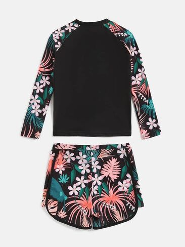 Milumia Girl's 2 Piece Long Sleeve Rashguard Swimsuit Tropical Print Swim Shorts Tankini Sets in Saudi Arabia