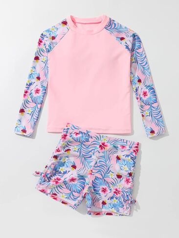 Milumia Girl's 2 Piece Long Sleeve Rashguard Swimsuit Tropical Print Swim Shorts Tankini Sets in Saudi Arabia