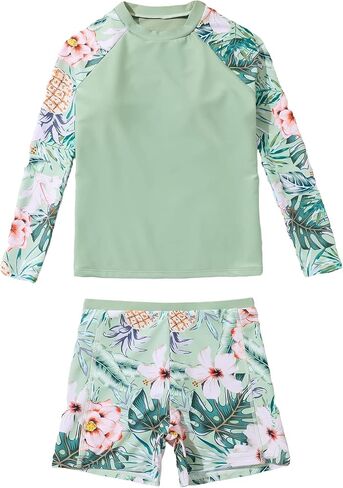 Milumia Girl's 2 Piece Long Sleeve Rashguard Swimsuit Tropical Print Swim Shorts Tankini Sets in Saudi Arabia