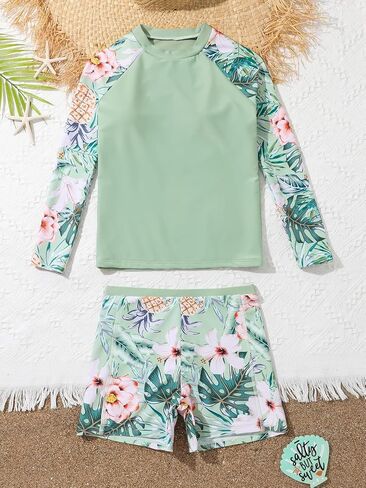 Milumia Girl's 2 Piece Long Sleeve Rashguard Swimsuit Tropical Print Swim Shorts Tankini Sets in Saudi Arabia