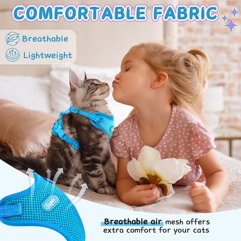 مجموعة حزام ومقود للقطط من Supet للقطط الصغيرة والكبيرة، حزام صدرية للقطط قابل للتعديل مع حافة عاكسة، مقود للقطط العالمية وتسخير للقطط/الجراء للمشي في الهواء الطلق in Kuwait
