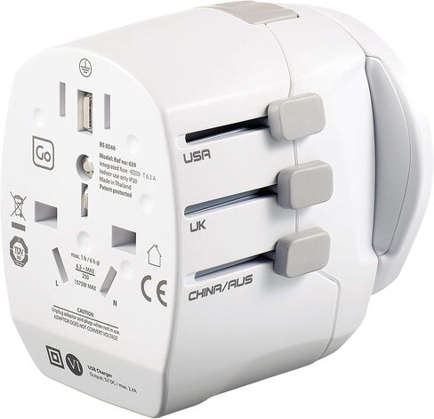 White Worldwide Grounded Adapter, Type G, USB-A, for Small Electrical Devices, Earthed Plug Adapter, Travel Essentials in Saudi Arabia