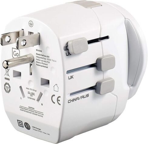 White Worldwide Grounded Adapter, Type G, USB-A, for Small Electrical Devices, Earthed Plug Adapter, Travel Essentials in Saudi Arabia