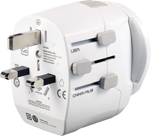 White Worldwide Grounded Adapter, Type G, USB-A, for Small Electrical Devices, Earthed Plug Adapter, Travel Essentials in Saudi Arabia