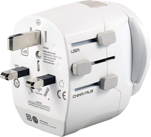 White Worldwide Grounded Adapter, Type G, USB-A, for Small Electrical Devices, Earthed Plug Adapter, Travel Essentials in Saudi Arabia