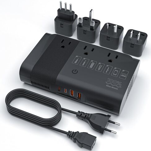 مجموعة محول الطاقة محول الجهد الكهربي مع 4 منافذ USB و3 منافذ تيار متردد، محول جهد كهربي 220 فولت إلى 110 فولت، من الولايات المتحدة إلى الاتحاد الأوروبي/المملكة المتحدة/إيطاليا/الاتحاد الأفريقي/آسيا، أسود in Kuwait