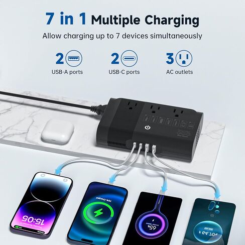 مجموعة محول الطاقة محول الجهد الكهربي مع 4 منافذ USB و3 منافذ تيار متردد، محول جهد كهربي 220 فولت إلى 110 فولت، من الولايات المتحدة إلى الاتحاد الأوروبي/المملكة المتحدة/إيطاليا/الاتحاد الأفريقي/آسيا، أسود in Kuwait