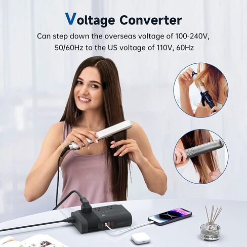 مجموعة محول الطاقة محول الجهد الكهربي مع 4 منافذ USB و3 منافذ تيار متردد، محول جهد كهربي 220 فولت إلى 110 فولت، من الولايات المتحدة إلى الاتحاد الأوروبي/المملكة المتحدة/إيطاليا/الاتحاد الأفريقي/آسيا، أسود in Kuwait