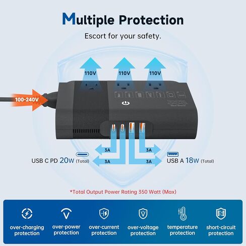 مجموعة محول الطاقة محول الجهد الكهربي مع 4 منافذ USB و3 منافذ تيار متردد، محول جهد كهربي 220 فولت إلى 110 فولت، من الولايات المتحدة إلى الاتحاد الأوروبي/المملكة المتحدة/إيطاليا/الاتحاد الأفريقي/آسيا، أسود in Kuwait